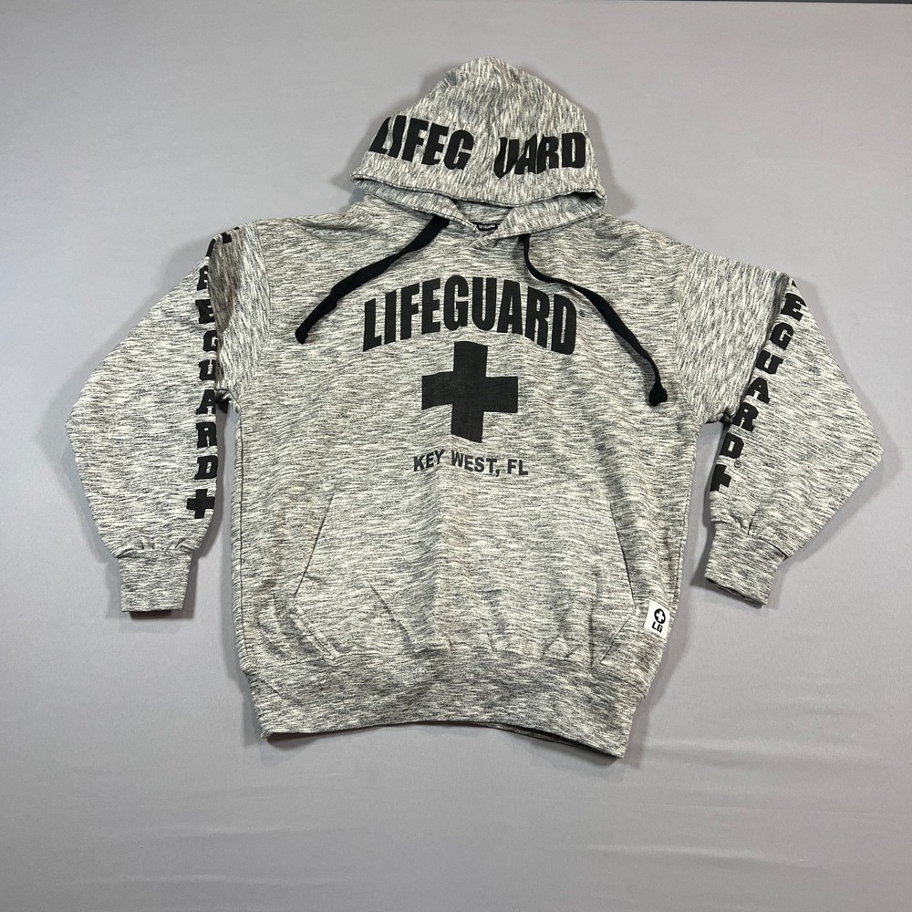 Lifeguard Hoodie Mens Medium Gray Cotton Graphic Print Kangaroo Pockets Pullover